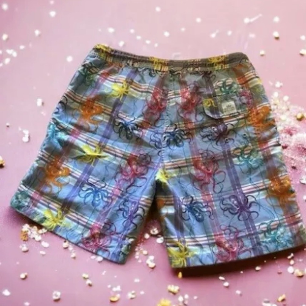 Peter Millar Crown Inked Octopus Squid Plaid Swim Trunks Shorts Men’s Size L